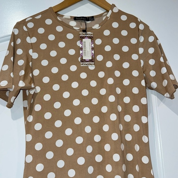 🔵 Boohoo Polka Dot Tan Mocha Dress New w/ Tag Size 8 - Picture 3 of 8